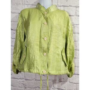 Linear Lime Green Shiny Material Button Up Blazer PL Lightweight Roll Tab Sleeve